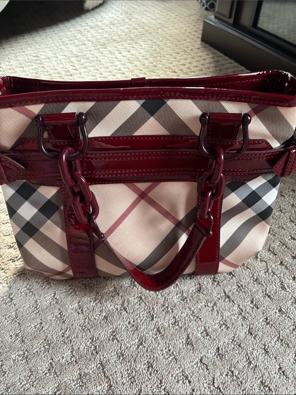 Burberry Beige Check Tote with Burgundy Patent Trim